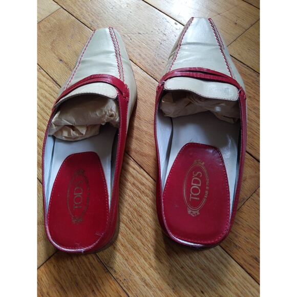 Tod's Cream Red Leather Mules Slides Italian Designer Size 5 Made in Italy - Picture 4 of 11